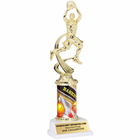 10 INCH MALE BASKETBALL SPORT MOTION TROPHY ON A WHITE SYNTHETIC BASE