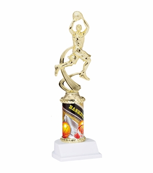 10 INCH MALE BASKETBALL SPORT MOTION TROPHY ON A WHITE SYNTHETIC BASE