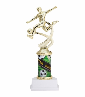 10 INCH MALE SOCCER SPORT MOTION TROPHY ON A WHITE SYNTHETIC BASE