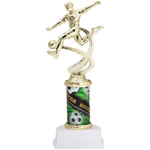 10 INCH MALE SOCCER SPORT MOTION TROPHY ON A WHITE SYNTHETIC BASE