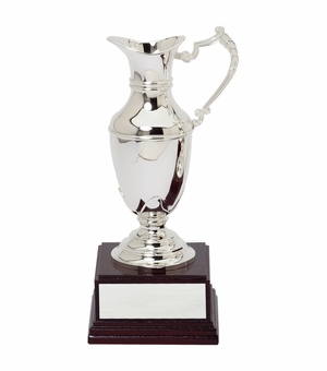 10 INCH NICKEL PLATED POLISHED SILVER CLARET JUG CUP ON ROSEWOOD BASE