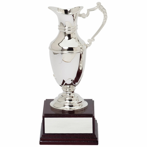 10 INCH NICKEL PLATED POLISHED SILVER CLARET JUG CUP ON ROSEWOOD BASE