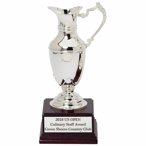 10 INCH NICKEL PLATED POLISHED SILVER CLARET JUG CUP ON ROSEWOOD BASE