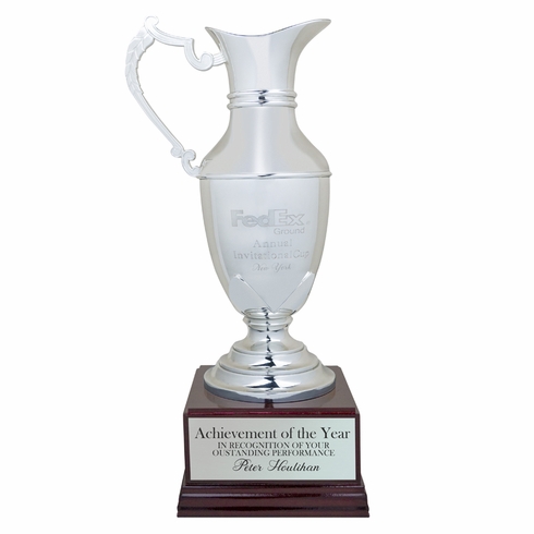 10 INCH NICKEL PLATED POLISHED SILVER CLARET JUG CUP ON ROSEWOOD BASE