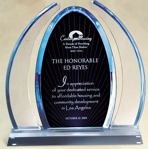 10 INCH OVAL TINTED BLUE ACRYLIC AWARD WITH BLACK SUN RAY CENTER