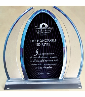 10 INCH OVAL TINTED BLUE ACRYLIC AWARD WITH BLACK SUN RAY CENTER