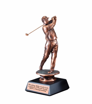 10" MALE GOLF TROPHY FOLLOW THROUGH SWING ELECTROPLATED BRONZE ON BLACK BASE