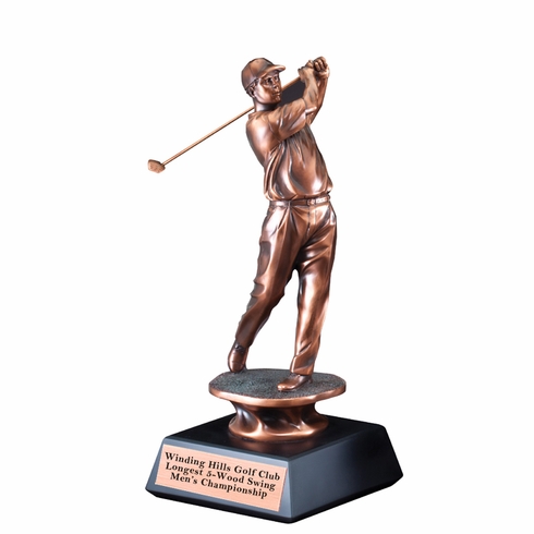 10" MALE GOLF TROPHY FOLLOW THROUGH SWING ELECTROPLATED BRONZE ON BLACK BASE