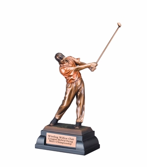 10" MALE GOLFER TROPHY ELECTROPLATED BRONZE WITH TINTED COLOR SHIRT ON BLACK BASE