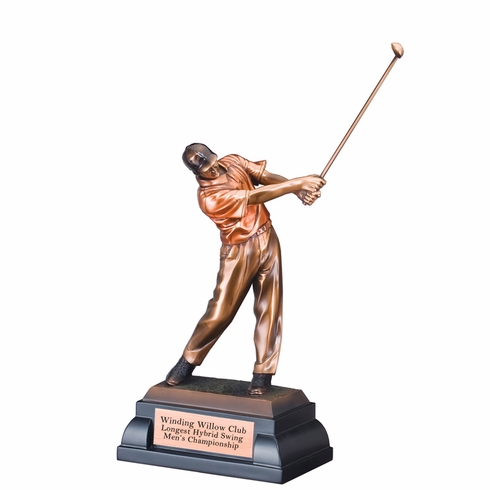 10" MALE GOLFER TROPHY ELECTROPLATED BRONZE WITH TINTED COLOR SHIRT ON BLACK BASE