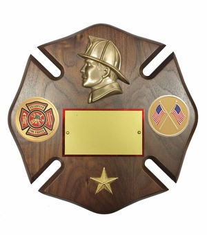 10 X 10 INCH FIREMAN MALTESE CROSS GENUINE WALNUT PLAQUE