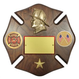 10 X 10 INCH FIREMAN MALTESE CROSS GENUINE WALNUT PLAQUE