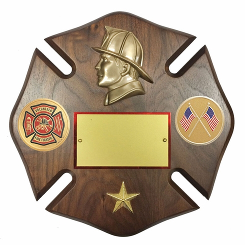 10 X 10 INCH FIREMAN MALTESE CROSS GENUINE WALNUT PLAQUE