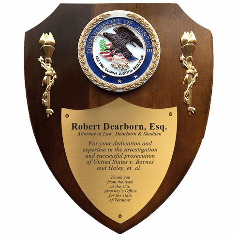 10 X 12 INCH DEPARTMENT OF JUSTICE WALNUT VENEER SHIELD PLAQUE