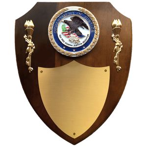 10 X 12 INCH DEPARTMENT OF JUSTICE WALNUT VENEER SHIELD PLAQUE