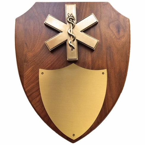 10 X 12 INCH EMT STAR OF LIFE WALNUT VENEER SHIELD PLAQUE