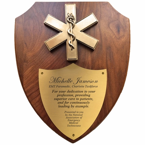 10 X 12 INCH EMT STAR OF LIFE WALNUT VENEER SHIELD PLAQUE