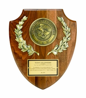 10 X 12 INCH GENUINE WALNUT DEPARTMENT OF JUSTICE SHIELD WITH 4 INCH MEDALLION