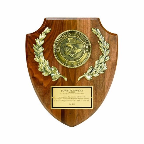 10 X 12 INCH GENUINE WALNUT DEPARTMENT OF JUSTICE SHIELD WITH 4 INCH MEDALLION
