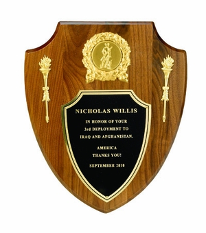 10 X 12 INCH GENUINE WALNUT MILITARY SHIELD PLAQUE,  TAKES 2 INCH INSERT