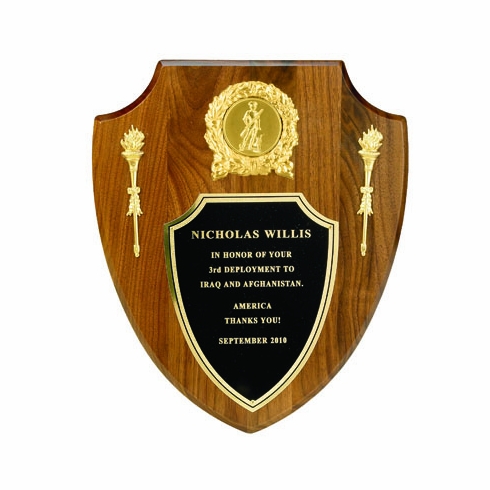 10 X 12 INCH GENUINE WALNUT MILITARY SHIELD PLAQUE,  TAKES 2 INCH INSERT