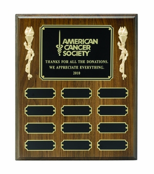 10 X 12 INCH MULTIPLE PLATE WALNUT FINISH PLAQUE WITH 12 BLACK SCREENED PLATES