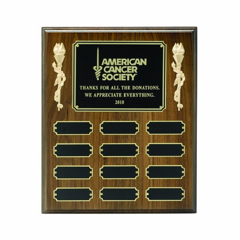 10 X 12 INCH MULTIPLE PLATE WALNUT VENEER PLAQUE WITH 12 BLACK SCREENED PLATES