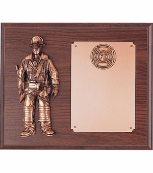 10 X 12 INCH WALNUT FINISH FIREFIGHTER PLAQUE, WITH BRONZE FIGURE AND 2 INCH INSERT
