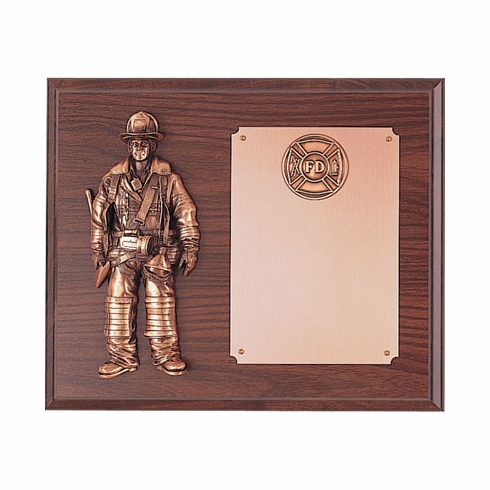 10 X 12 INCH WALNUT FINISH FIREFIGHTER PLAQUE, WITH BRONZE FIGURE AND 2 INCH INSERT