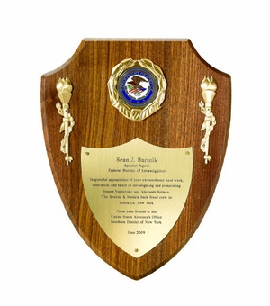 10 x 12 INCH WALNUT SHIELD PLAQUE WITH TORCHES, WREATH, AND BRASS SHIELD PLATE-TAKES 2 INCH INSERT