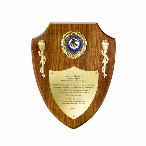 10 x 12 INCH WALNUT SHIELD PLAQUE WITH TORCHES, WREATH, AND BRASS SHIELD PLATE-TAKES 2 INCH INSERT