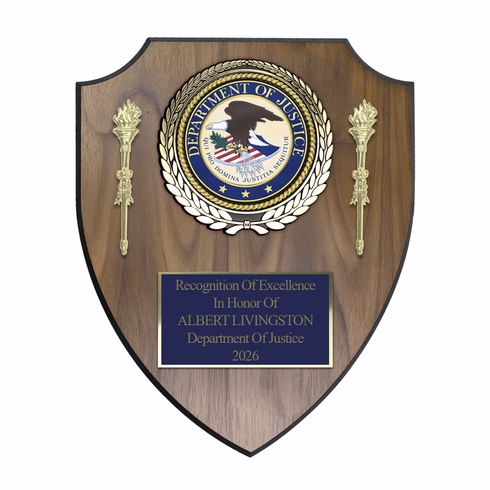 10 x 12 Inch Walnut Veneer Shield Plaque with 4 Inch Department of Justice Medallion Insert