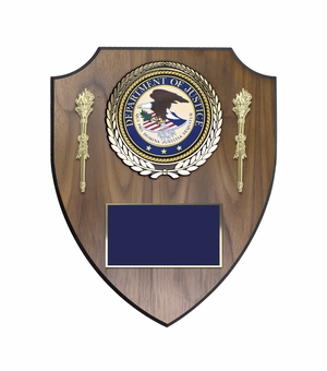 10 x 12 Inch Walnut Veneer Shield Plaque with 4 Inch Department of Justice Medallion Insert