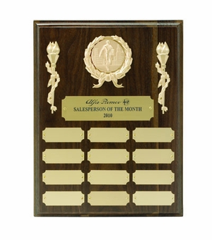 10 X 15 INCH MULTIPLE PLATE WALNUT FINISH PLAQUE WITH 24 GOLD PLATES, TAKES 2 INCH MEDALLION INSERT