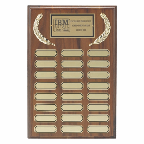 10 x 15 INCH PERPETUAL WALNUT PLAQUE WITH BLACK TRIM AND GOLD PLATES-24 PLATES