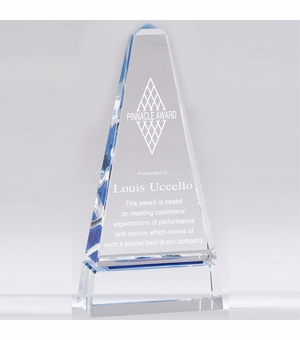 10 X 4-3/4 INCH OPTICAL CRYSTAL MONOLITH TOWER AWARD WITH BLUE ACCENTS