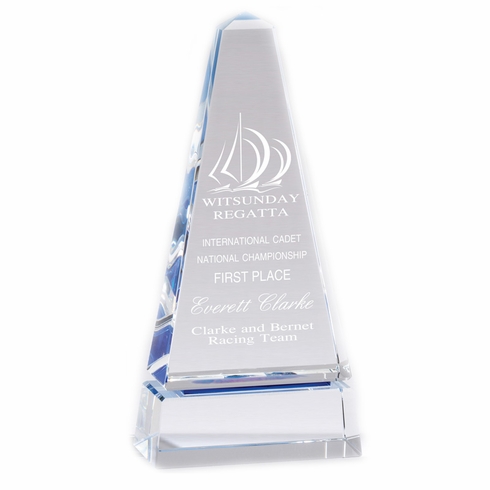 10 X 4-3/4 INCH OPTICAL CRYSTAL MONOLITH TOWER AWARD WITH BLUE ACCENTS