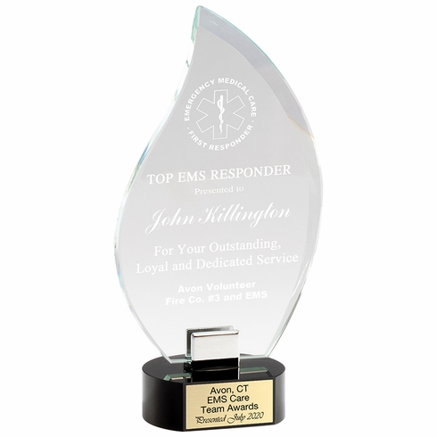 10 x 5 INCH OPTICAL CRYSTAL FLAME AWARD ON BLACK CRYSTAL BASE