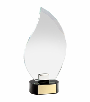 10 x 5 INCH OPTICAL CRYSTAL FLAME AWARD ON BLACK CRYSTAL BASE