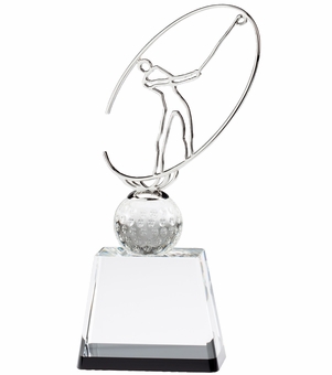 10" x 5" MODERN METAL GOLFER ON CRYSTAL BASE TROPHY