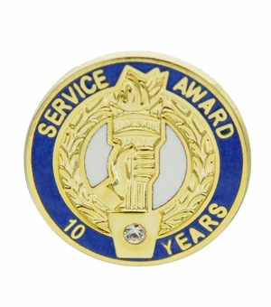 3/4 Inch in Diameter 10 Year Service Award Pin with Crystal
