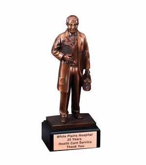 11-1/2" DOCTOR TROPHY ELECTROPLATED ANTIQUE BRONZE FINISH MOUNTED ON BLACK BASE WITH COPPER ENGRAVING PLATE