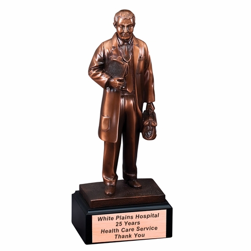 11-1/2" DOCTOR TROPHY ELECTROPLATED ANTIQUE BRONZE FINISH MOUNTED ON BLACK BASE WITH COPPER ENGRAVING PLATE