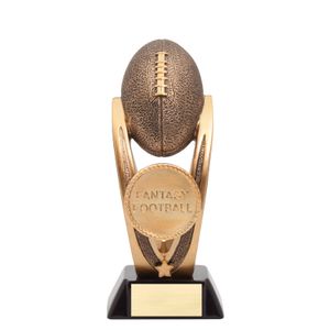 11-1/2 INCH FANTASY FOOTBALL TROPHY ANTIQUE GOLD RESIN FINISH ON BLACK BASE