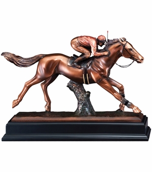 11-1/2 INCH ELECTROPLATED BRONZE JOCKEY ON RACING HORSE TROPHY