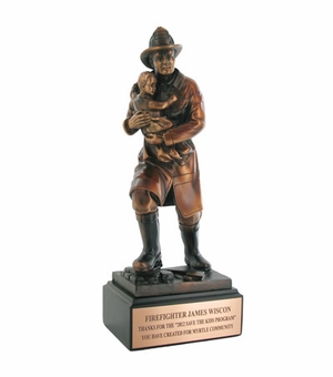 11-1/2 INCH FIREFIGHTER WITH CHILD TROPHY, ELECTROPLATED IN BRONZE