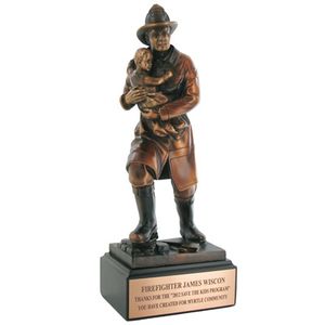 11-1/2 INCH FIREFIGHTER WITH CHILD TROPHY, ELECTROPLATED IN BRONZE