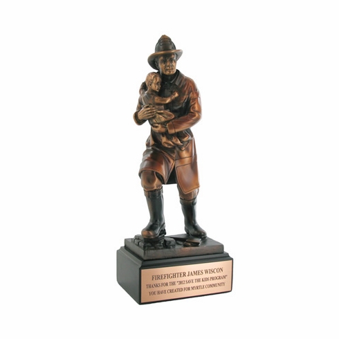 11-1/2 INCH FIREFIGHTER WITH CHILD TROPHY, ELECTROPLATED IN BRONZE
