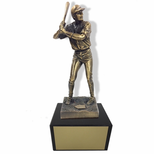 11-1/2 INCH HEIGHT ELECTROPLATED ANTIQUE BRASS BASEBALL PLAYER TROPHY ON BLACK MARBLE BASE
