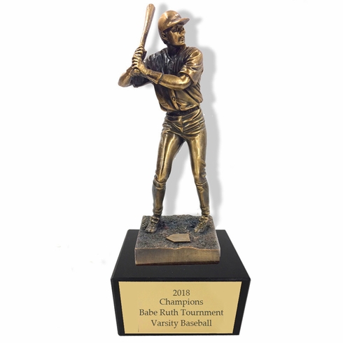 11-1/2 INCH HEIGHT ELECTROPLATED ANTIQUE BRASS BASEBALL PLAYER TROPHY ON BLACK MARBLE BASE